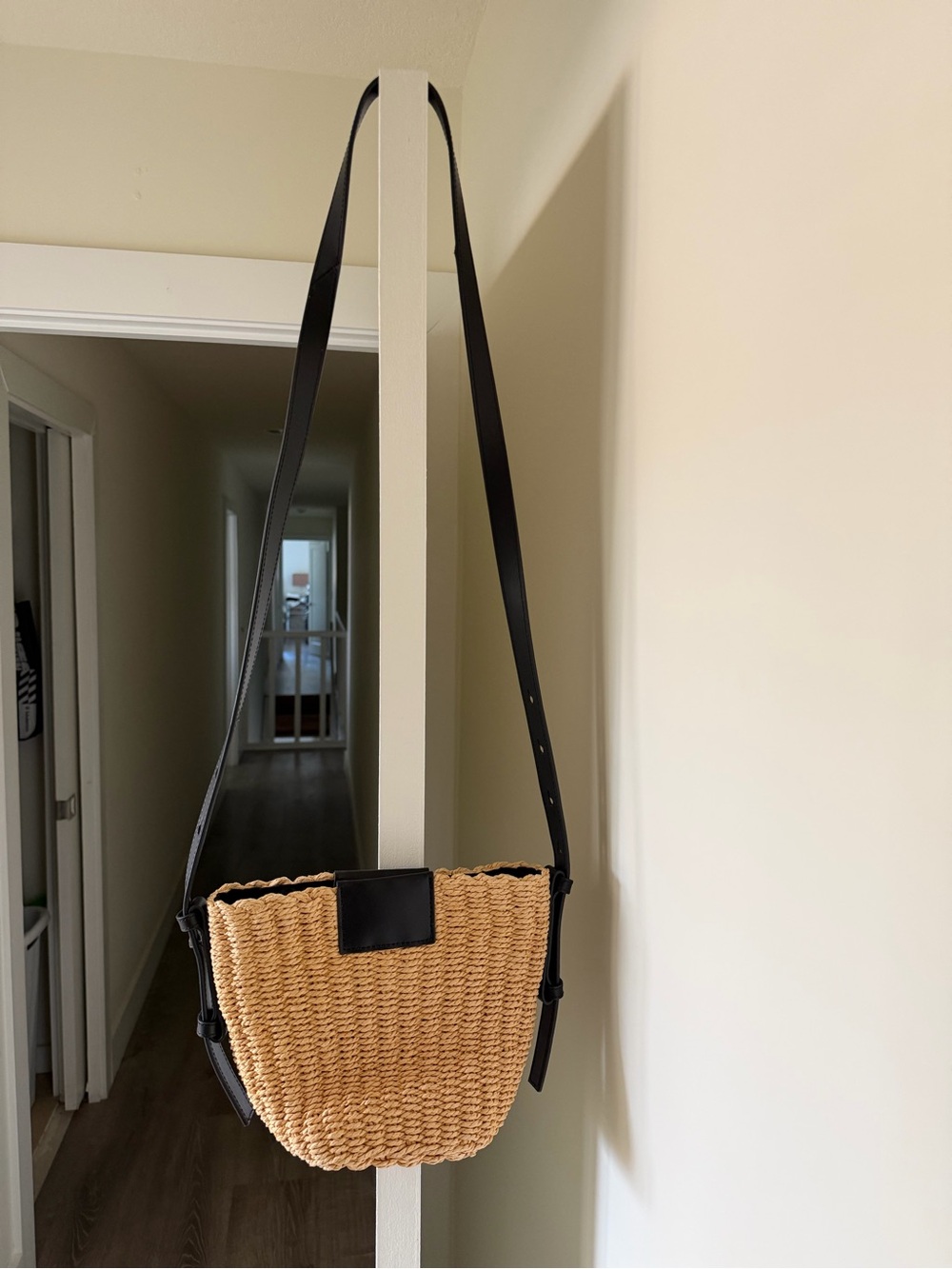 AllSaints Tan Woven Crossbody with Black Strap
